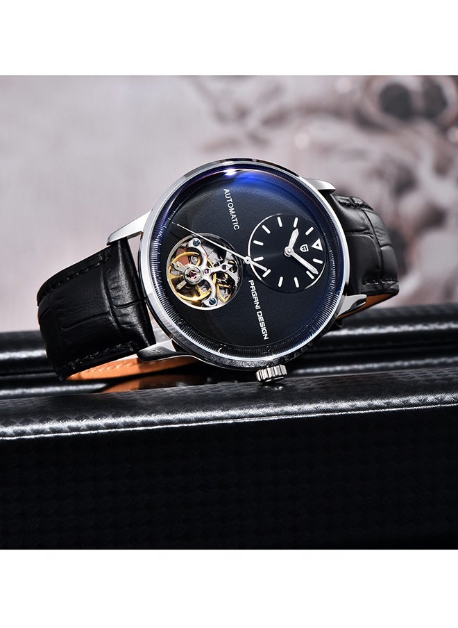 Automatic Mens Watches with Balance Wheel Mechanical Wrist Watch for Men Waterproof PU Leather Watchband Luxury Self-Winding Stainless Steel Watch