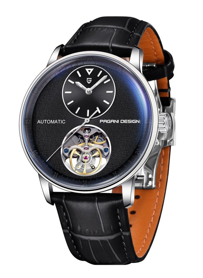 Automatic Mens Watches with Balance Wheel Mechanical Wrist Watch for Men Waterproof PU Leather Watchband Luxury Self-Winding Stainless Steel Watch