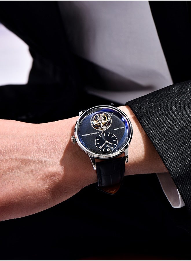 Automatic Mens Watches with Balance Wheel Mechanical Wrist Watch for Men Waterproof PU Leather Watchband Luxury Self-Winding Stainless Steel Watch