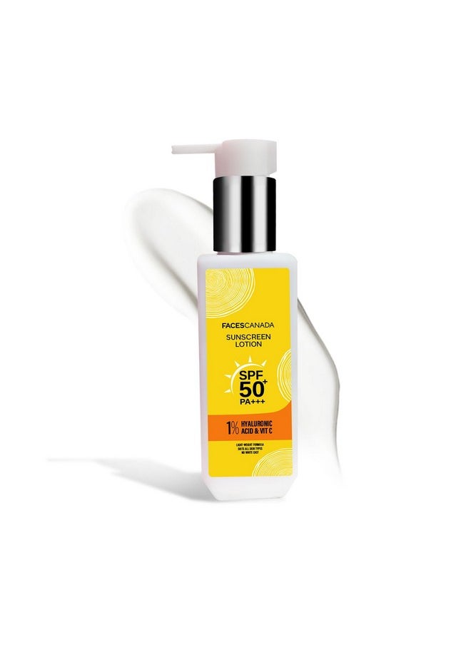 FACES CANADA Sunscreen Lotion, 100ml | SPF 50 PA+++ | Protects From UVA & UVB Rays | 1% Hyaluronic Acid & Vitamin C | Lightweight | No White Cast | Natural Radiant Glow| No Alcohol | No Parabens