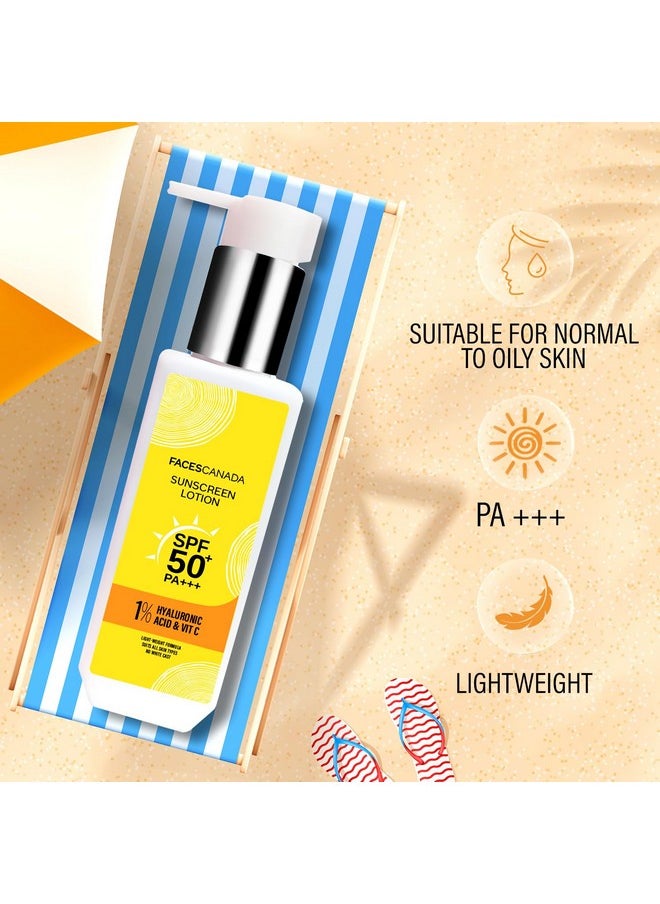 FACES CANADA Sunscreen Lotion, 100ml | SPF 50 PA+++ | Protects From UVA & UVB Rays | 1% Hyaluronic Acid & Vitamin C | Lightweight | No White Cast | Natural Radiant Glow| No Alcohol | No Parabens