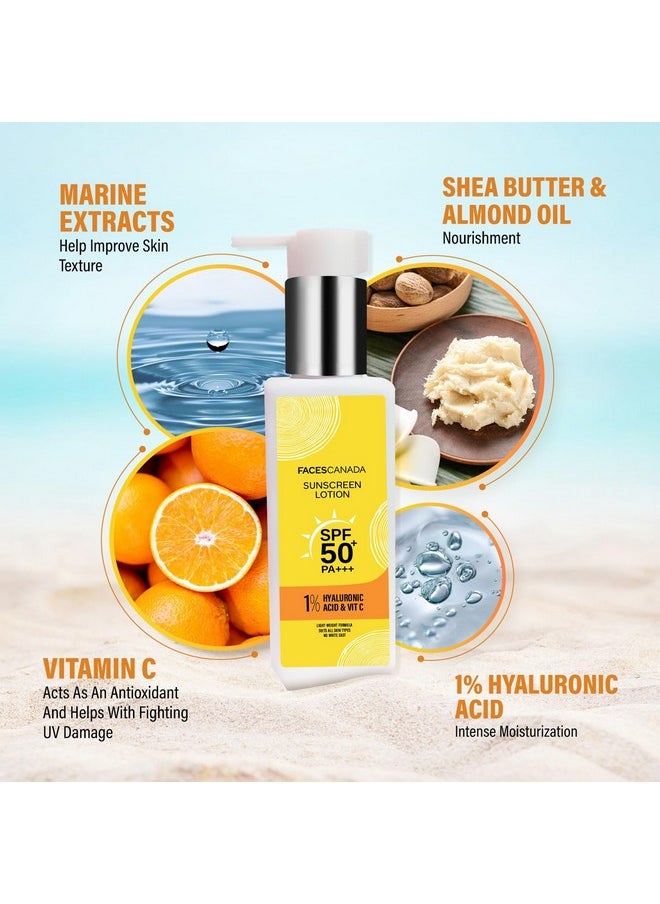 FACES CANADA Sunscreen Lotion, 100ml | SPF 50 PA+++ | Protects From UVA & UVB Rays | 1% Hyaluronic Acid & Vitamin C | Lightweight | No White Cast | Natural Radiant Glow| No Alcohol | No Parabens