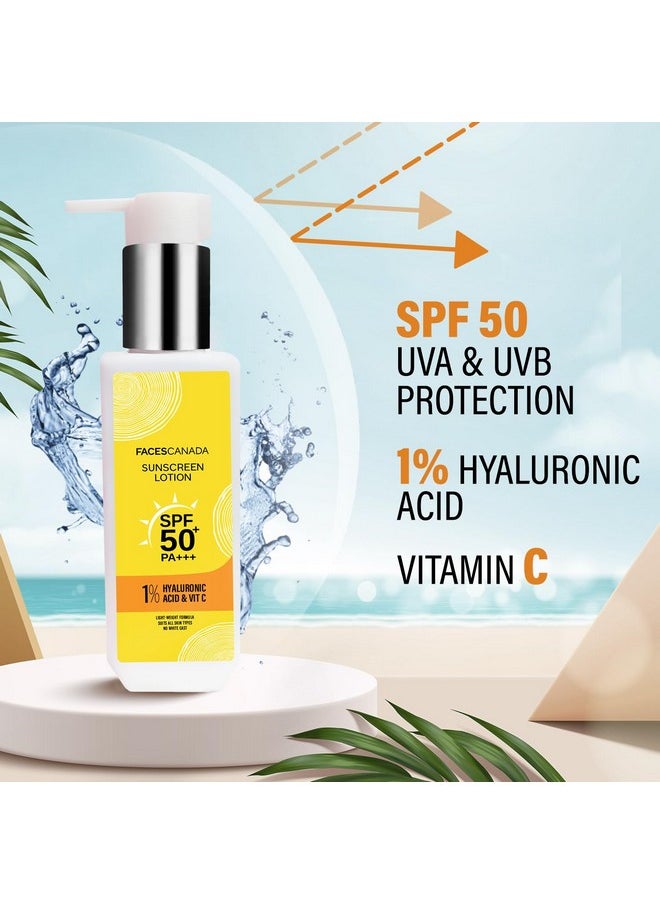 FACES CANADA Sunscreen Lotion, 100ml | SPF 50 PA+++ | Protects From UVA & UVB Rays | 1% Hyaluronic Acid & Vitamin C | Lightweight | No White Cast | Natural Radiant Glow| No Alcohol | No Parabens