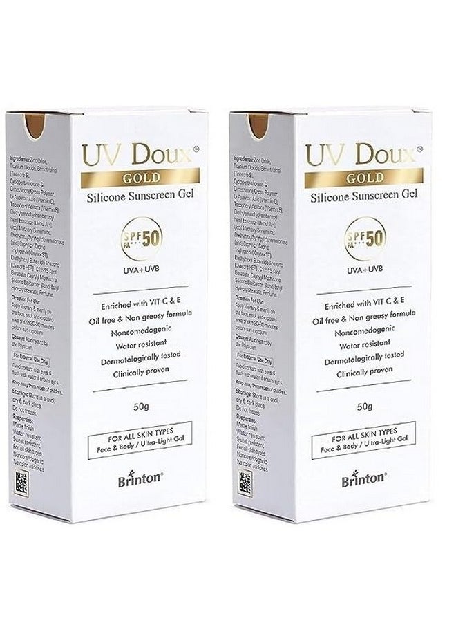 Brinton UV Doux Gold Silicone Sunscreen Gel SPF 50 PA+++ Enriched With Vitamin C & E | Water Resistant, Oil Free & Non- Greasy | UVA/UVB With Broad Spectrum | For All Skin Types, 50 g (Pack of 2)