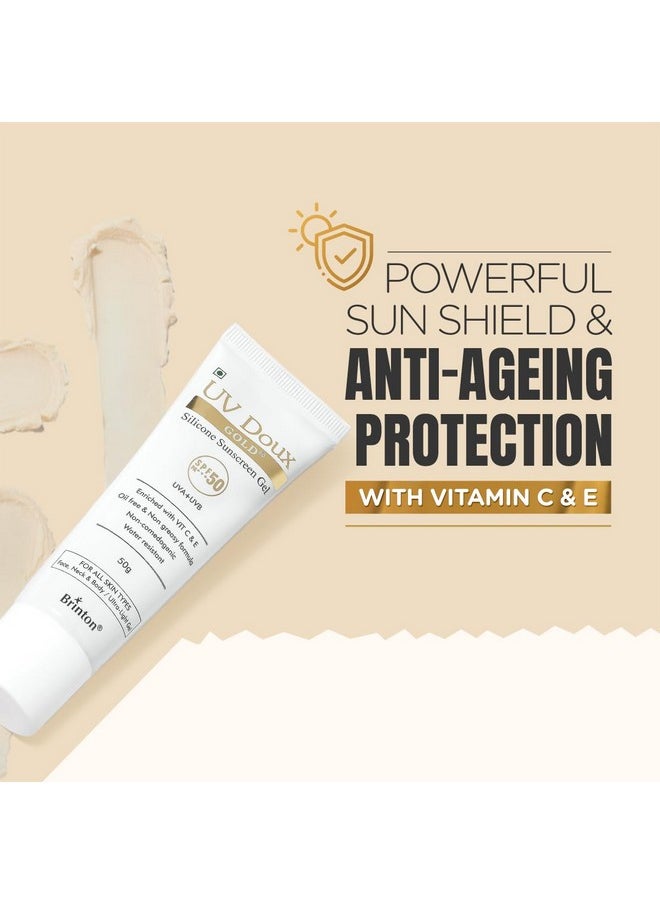Brinton UV Doux Gold Silicone Sunscreen Gel SPF 50 PA+++ Enriched With Vitamin C & E | Water Resistant, Oil Free & Non- Greasy | UVA/UVB With Broad Spectrum | For All Skin Types, 50 g (Pack of 2)