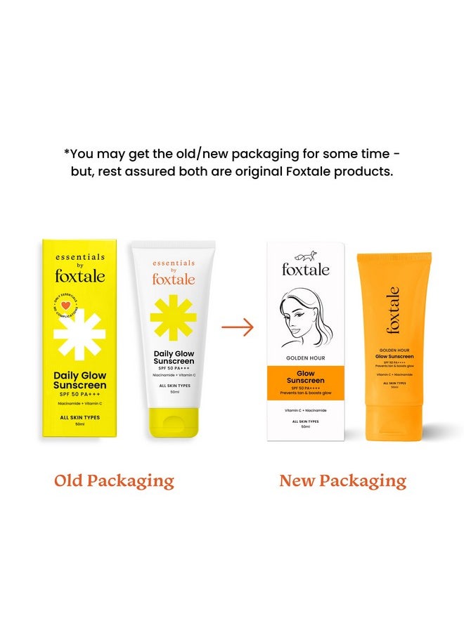 FoxTale - (Pack Of 2) Essentials Daily Glow Sunscreen Spf 50 Sunscreen Vitamin C & Niacinamide, Uva & Uvb Filters-Clinically Proven Brightening Ingredients, No White Cast, Non-Greasy Formula, 50 Ml