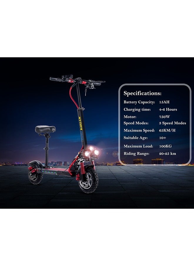 MT358 High Speed Electric Scooter 65km/h Speed Long Range Big battery, 10 Inches Off Road Tires with Front LED Lights Adjustable Seat Powerful 750W Motor Foldable Electric Scooter