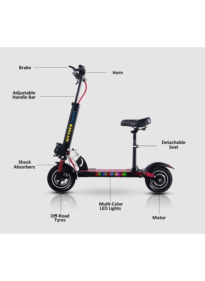 MT358 High Speed Electric Scooter 65km/h Speed Long Range Big battery, 10 Inches Off Road Tires with Front LED Lights Adjustable Seat Powerful 750W Motor Foldable Electric Scooter
