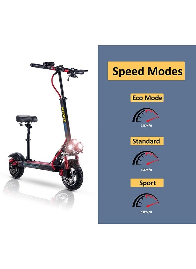 MT358 High Speed Electric Scooter 65km/h Speed Long Range Big battery, 10 Inches Off Road Tires with Front LED Lights Adjustable Seat Powerful 750W Motor Foldable Electric Scooter