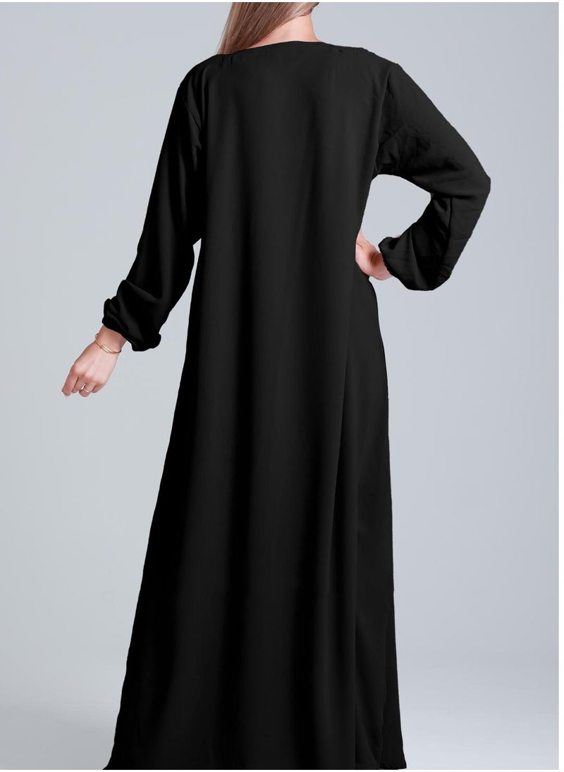 Black Plain Abaya in Premium Nida Fabric with Elastic Sleeve Bottom