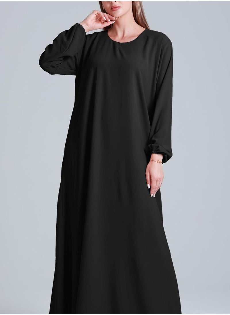 Black Plain Abaya in Premium Nida Fabric with Elastic Sleeve Bottom