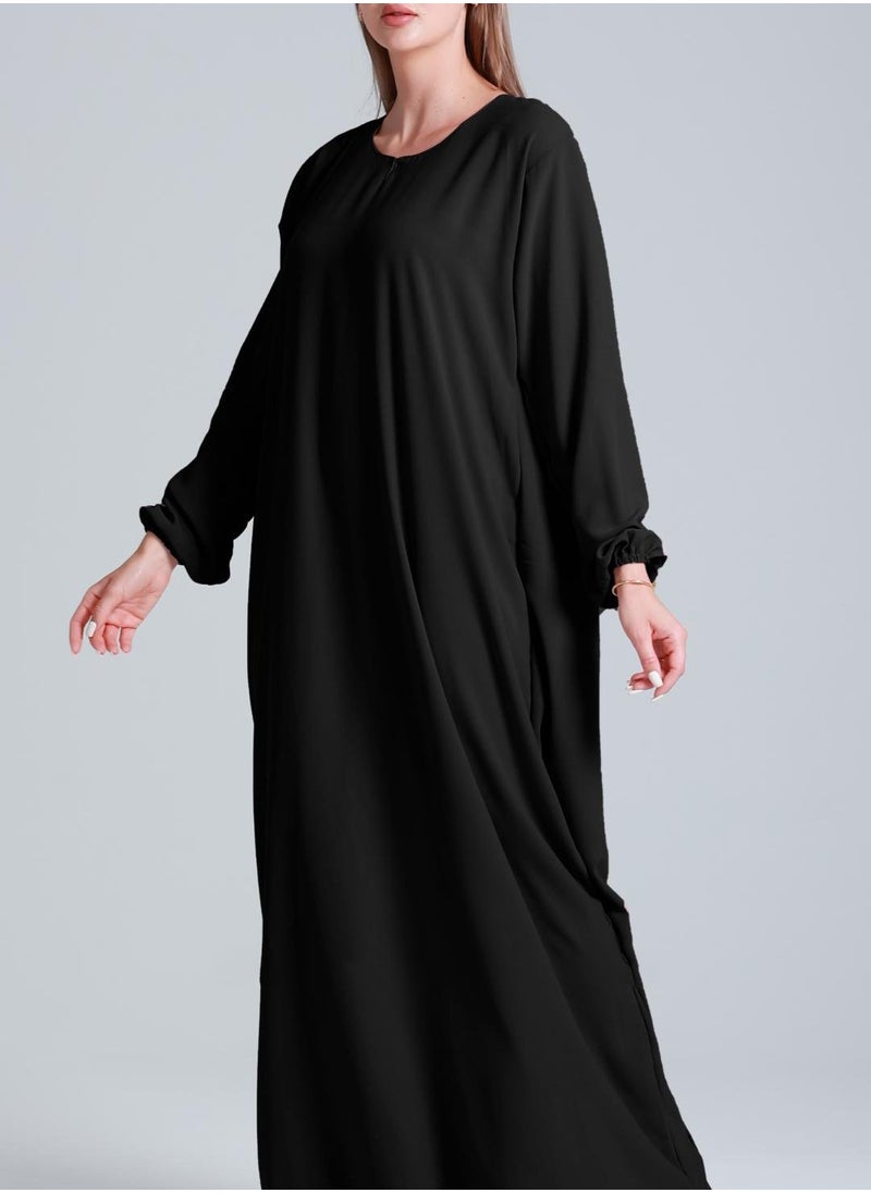 Black Plain Abaya in Premium Nida Fabric with Elastic Sleeve Bottom