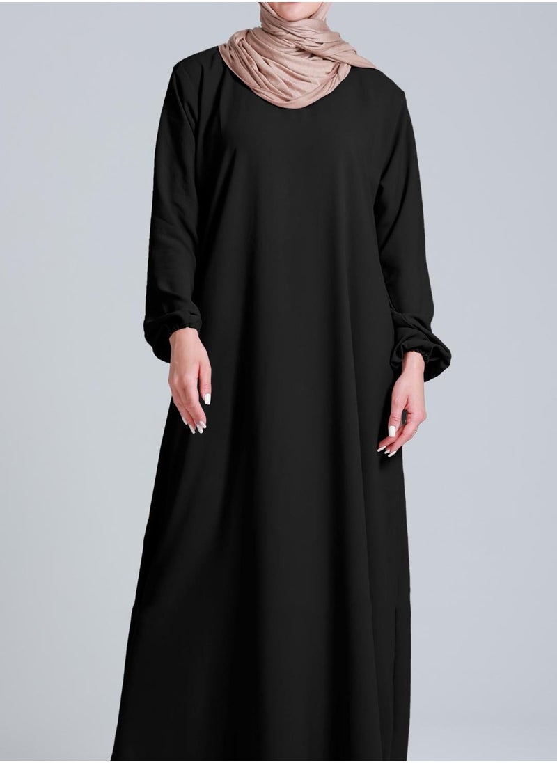 Black Plain Abaya in Premium Nida Fabric with Elastic Sleeve Bottom