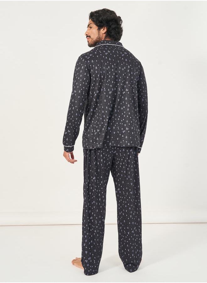 All Over Print Long Sleeve Shirt & Open Hem Pyjama Set