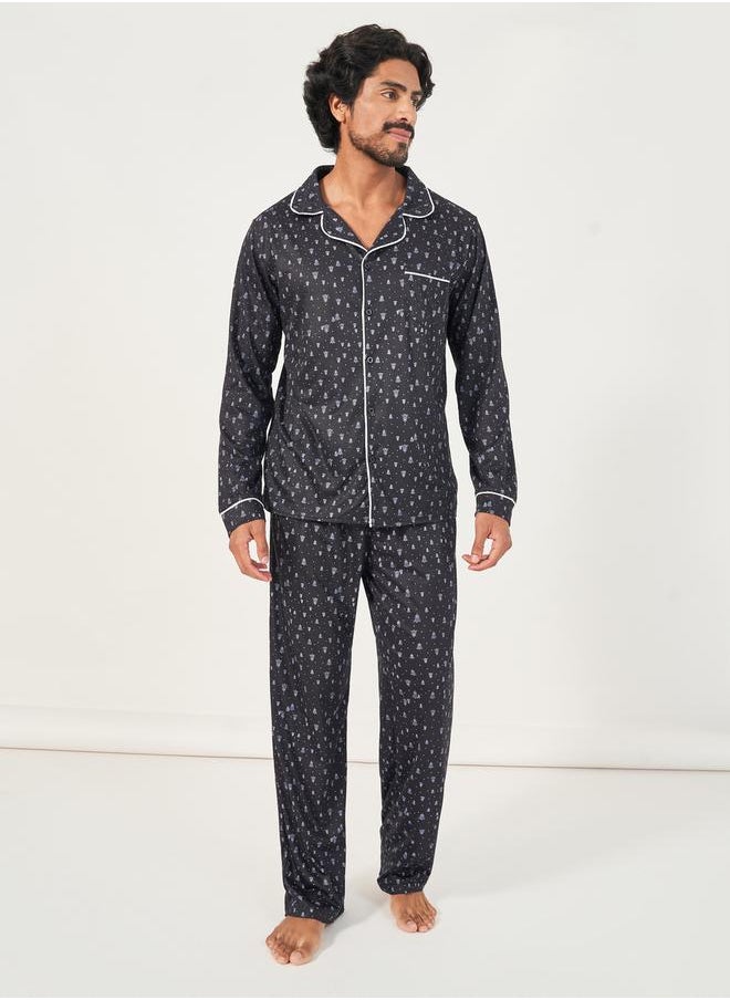All Over Print Long Sleeve Shirt & Open Hem Pyjama Set