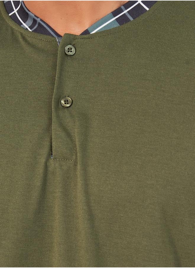 Contrast Placket Henley Neck T-Shirt & Checkered Pyjama Set
