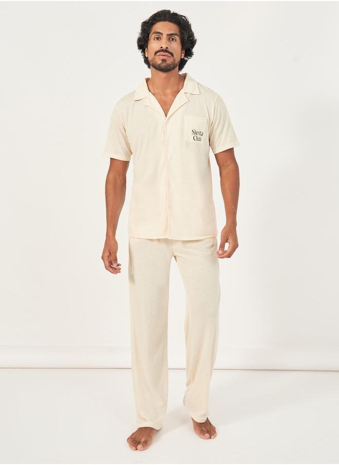 Printed Pocket Short Sleeve Shirt & Open Hem Pyjama Set