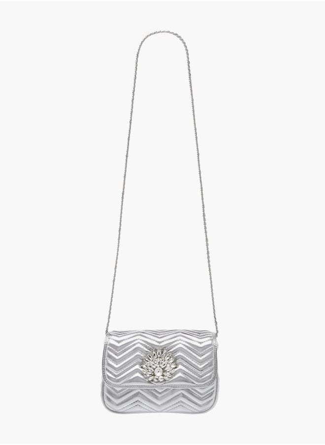 Women's Embellished Crossbody Bag with Chain Strap and Flap Closure