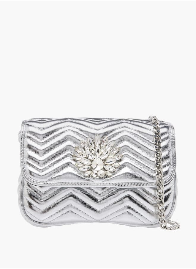 Women's Embellished Crossbody Bag with Chain Strap and Flap Closure