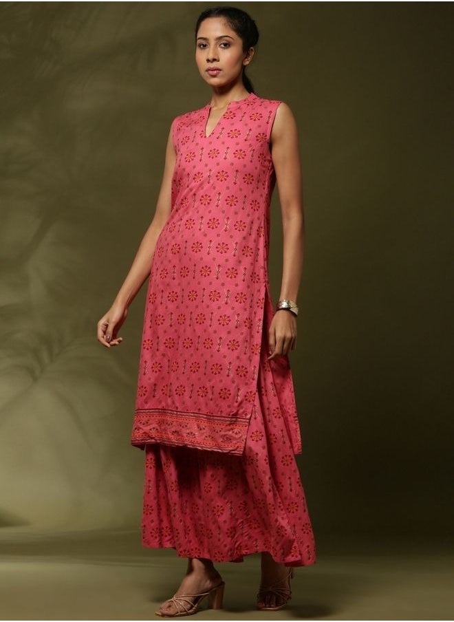 Geometric floral printed 2pc kurta set-coral