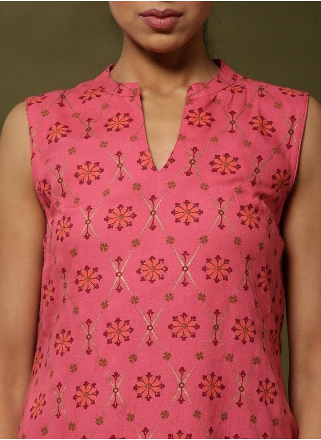 Geometric floral printed 2pc kurta set-coral