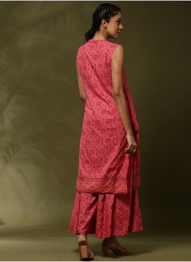Geometric floral printed 2pc kurta set-coral