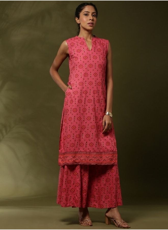 Geometric floral printed 2pc kurta set-coral