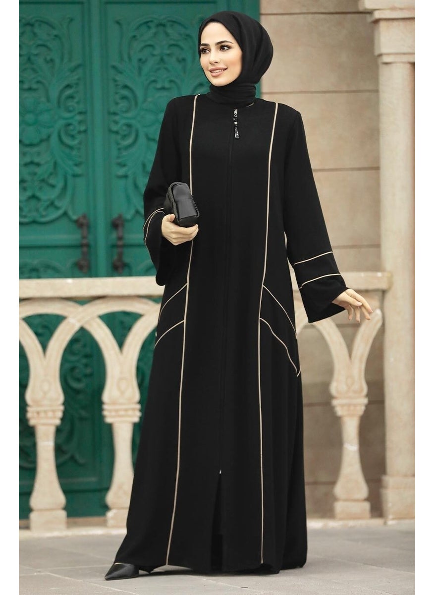 - Zippered Black Hijab Rabia Crepe Abaya 35162S