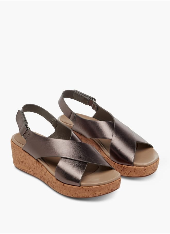 Women Foil Textured Cross-Strap Platform Sandals with Hook and Loop Closure