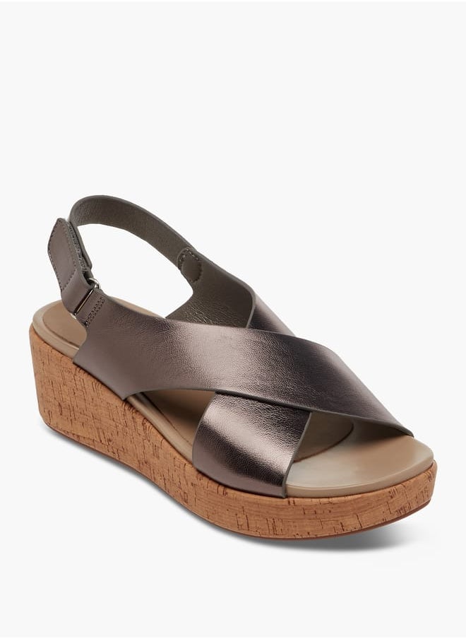 Women Foil Textured Cross-Strap Platform Sandals with Hook and Loop Closure