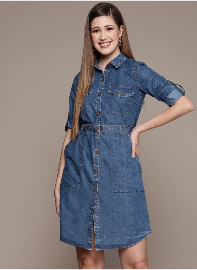 Women's Blue 100% Cotton Self Design A-Line Dress