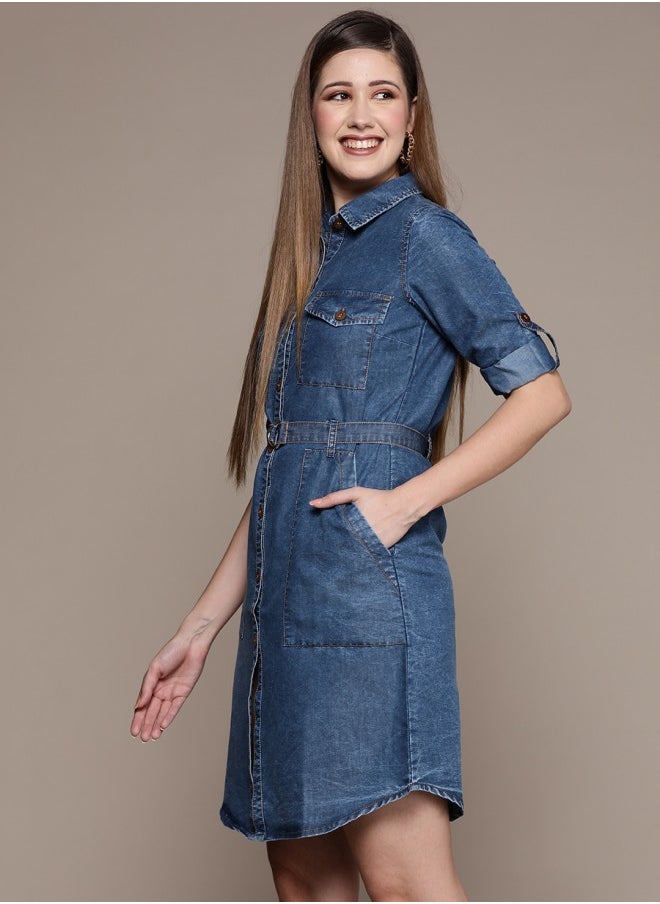 Women's Blue 100% Cotton Self Design A-Line Dress