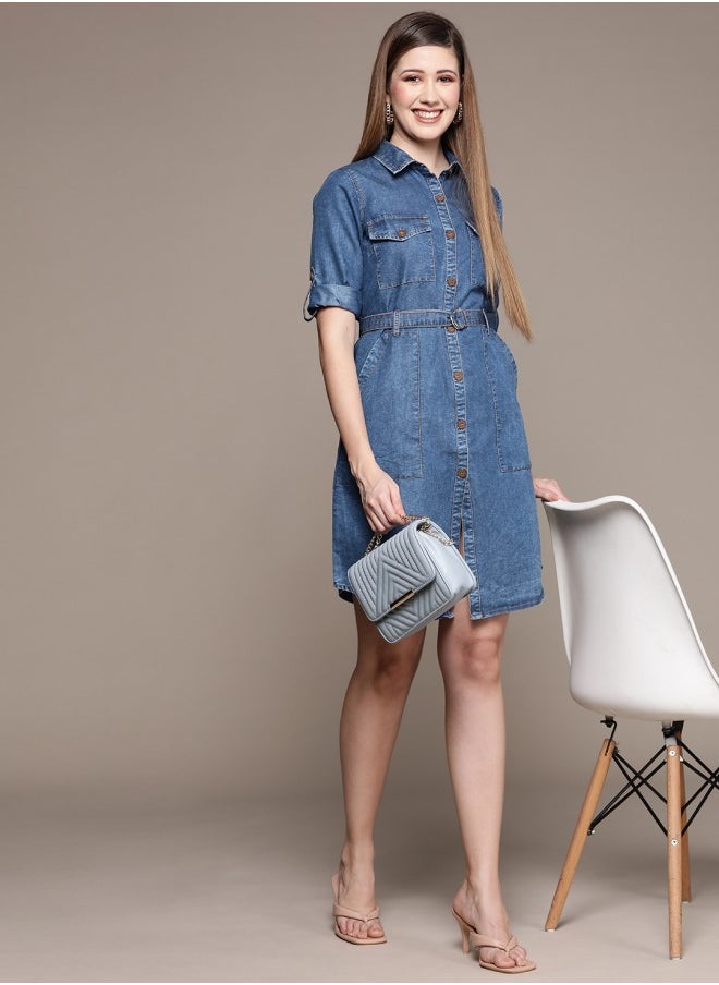 Women's Blue 100% Cotton Self Design A-Line Dress