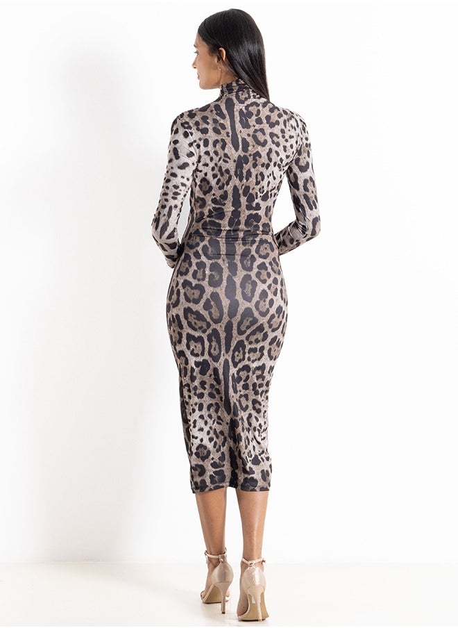 MOCK NECK PRINTED MIDI DRESS