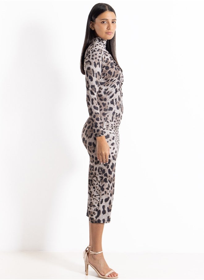MOCK NECK PRINTED MIDI DRESS