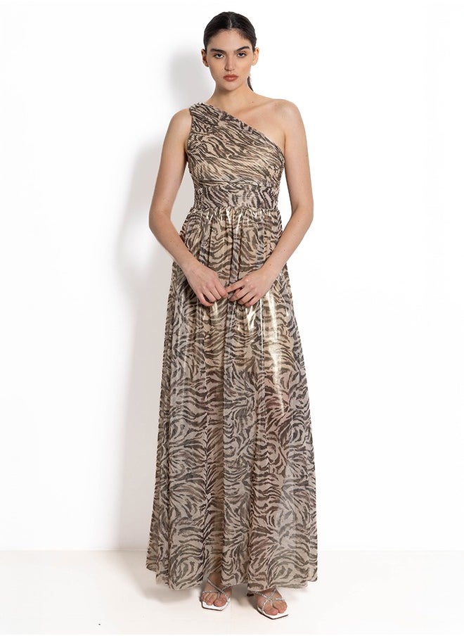 ANIMAL PRINT ONE SHOULDER SATIN MAXI DRESS