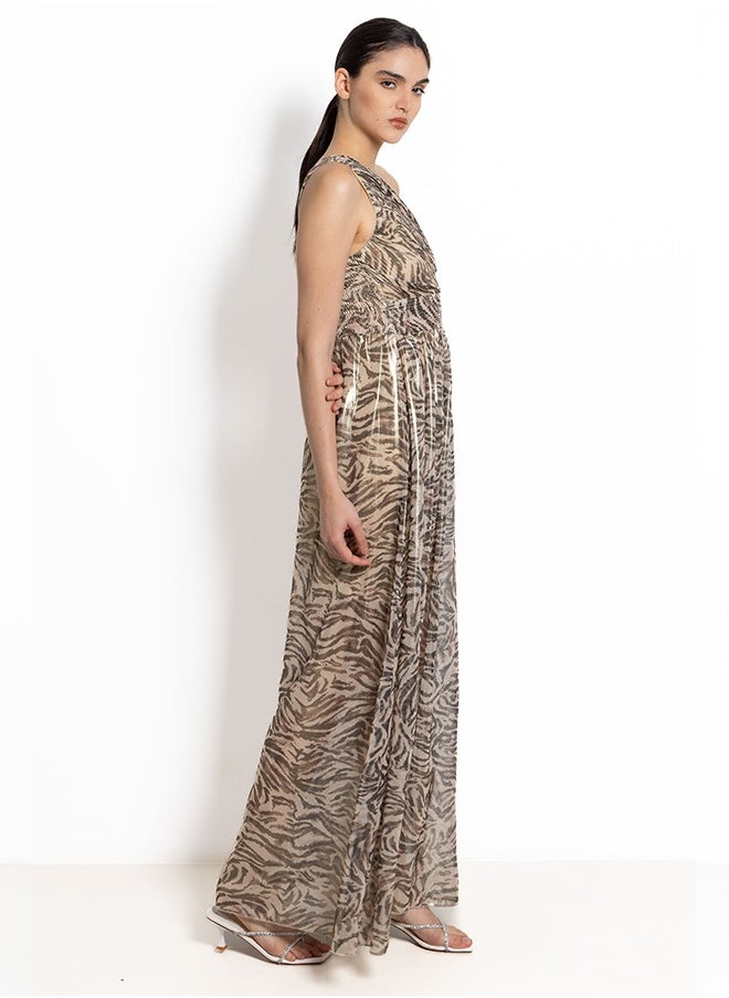 ANIMAL PRINT ONE SHOULDER SATIN MAXI DRESS