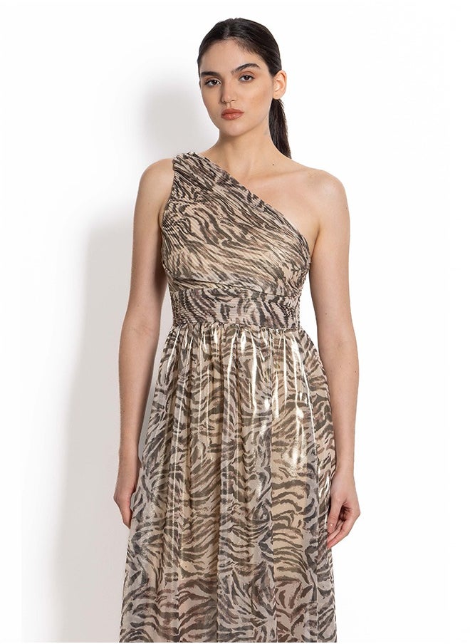 ANIMAL PRINT ONE SHOULDER SATIN MAXI DRESS