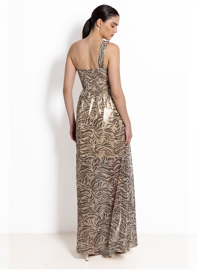 ANIMAL PRINT ONE SHOULDER SATIN MAXI DRESS