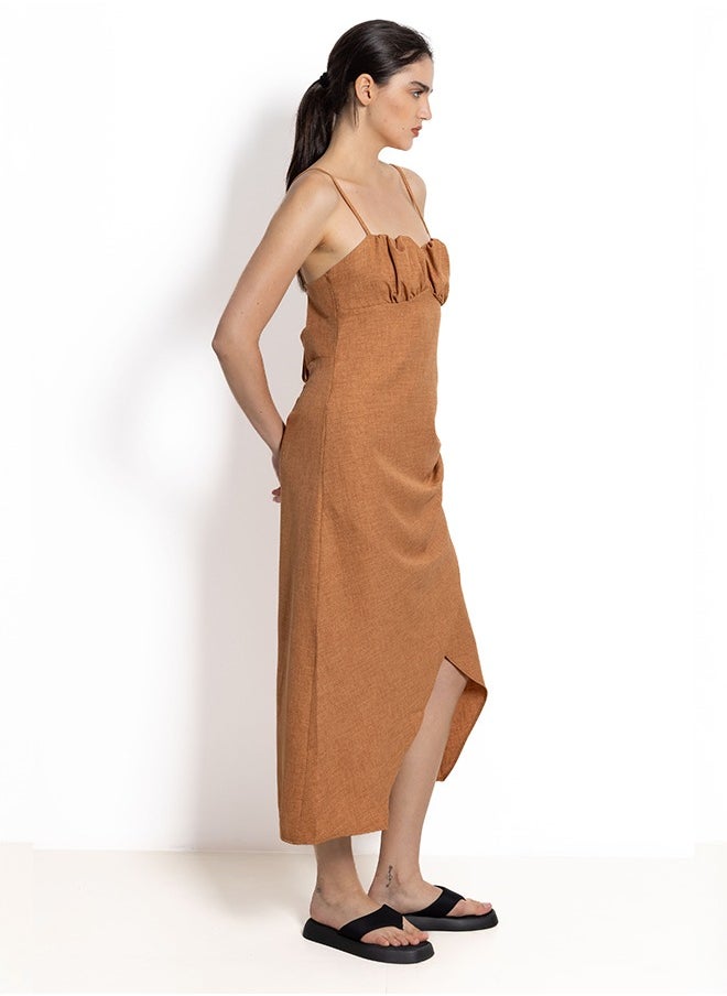 Ruched Linen Midi Dress