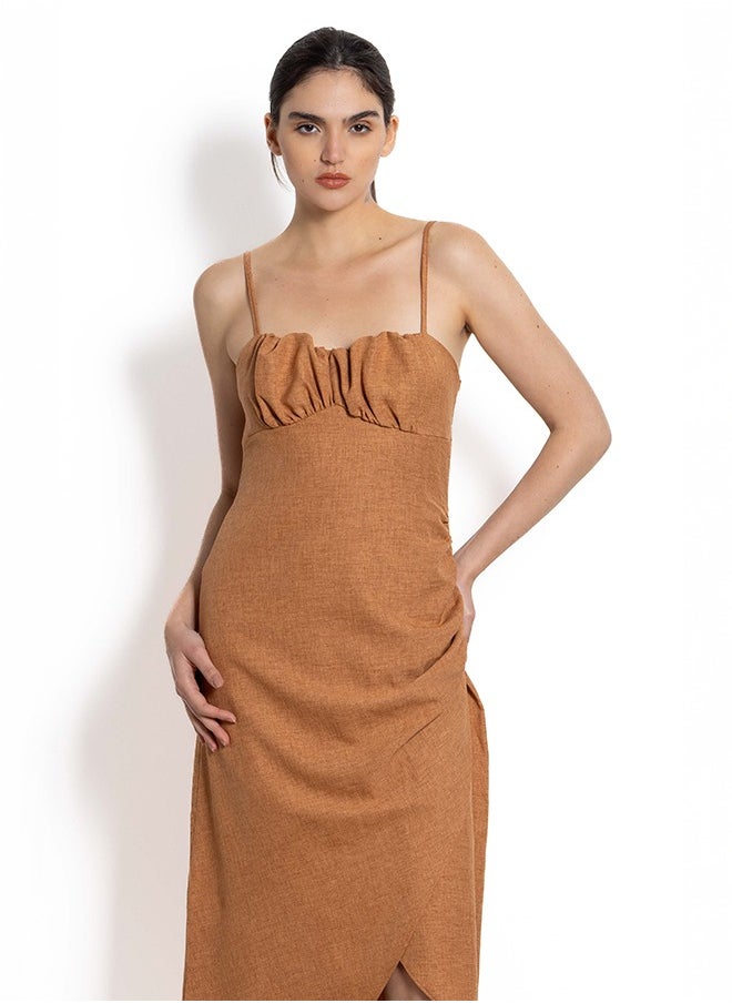 Ruched Linen Midi Dress