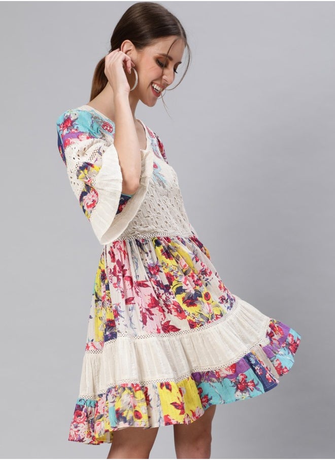 Women's Off White 100% Cotton Self Design A-Line Dress
