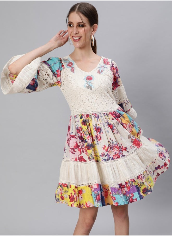 Women's Off White 100% Cotton Self Design A-Line Dress