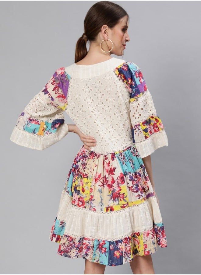 Women's Off White 100% Cotton Self Design A-Line Dress