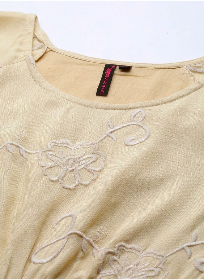 Women's Beige 100% Cotton Self Design A-Line Dress