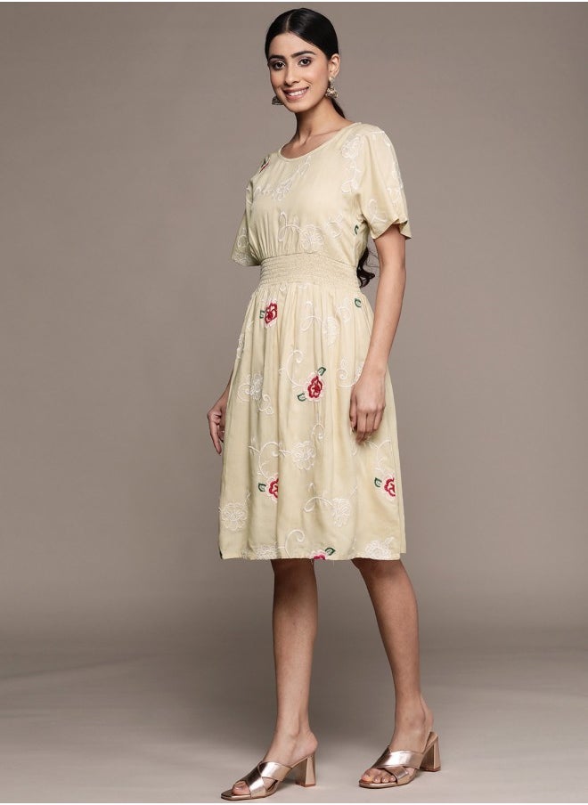Women's Beige 100% Cotton Self Design A-Line Dress