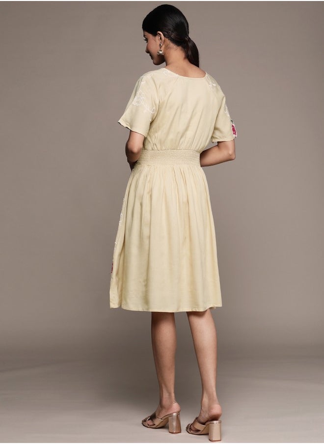 Women's Beige 100% Cotton Self Design A-Line Dress
