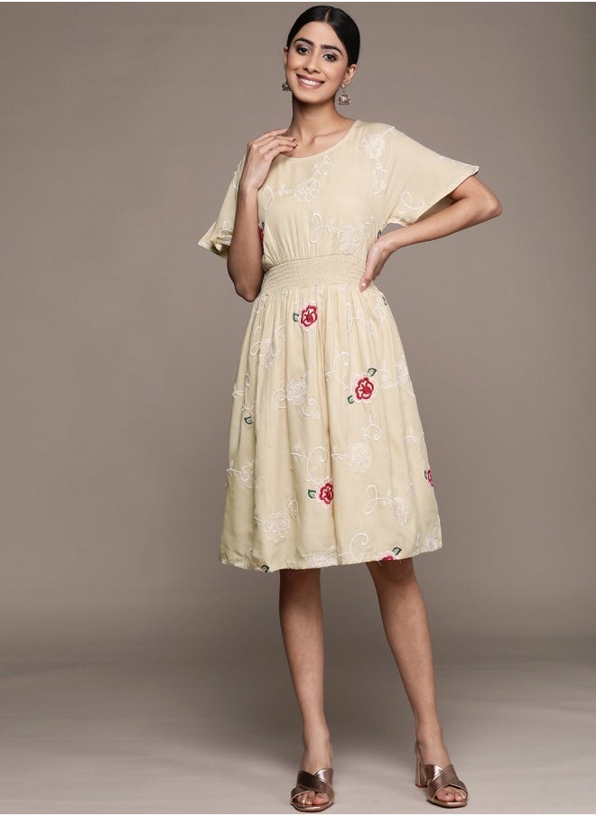 Women's Beige 100% Cotton Self Design A-Line Dress