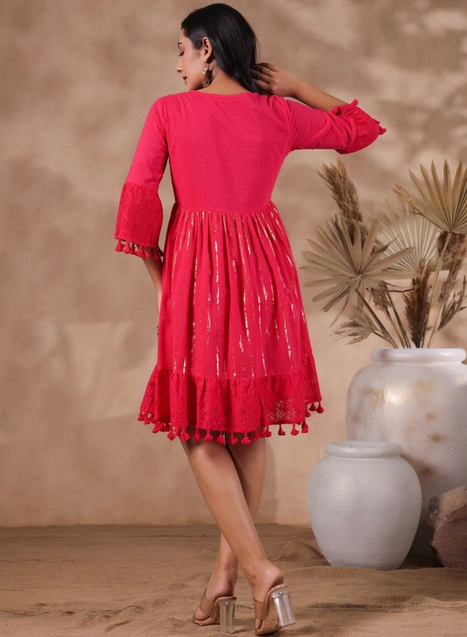 Women's Fuchsia 100% Cotton Self Design A-Line Dress