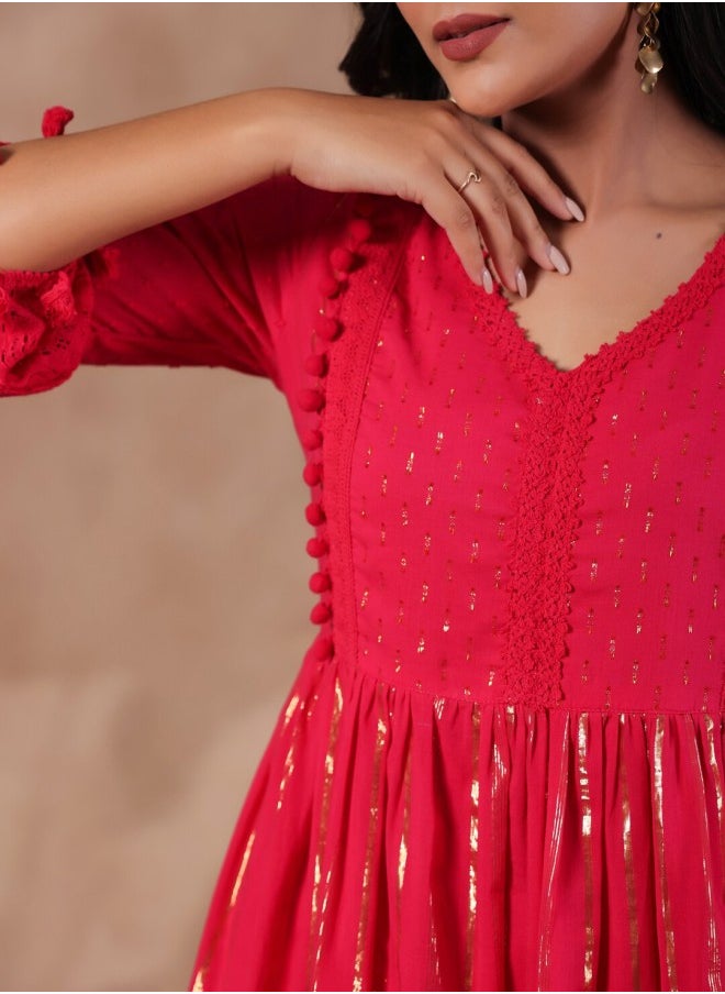 Women's Fuchsia 100% Cotton Self Design A-Line Dress